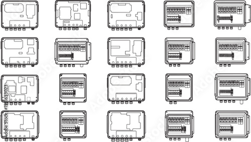 Electrical meters arranged in a grid-like pattern against a backdrop, depicting the functionality of power consumption.