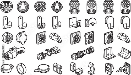 A collection of electric vehicle charging connectors, adaptors and wall mounts is presented in an intricate line art illustration. 