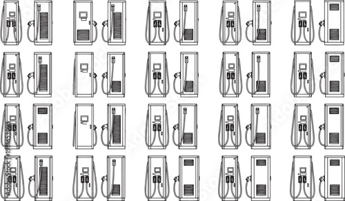 Electric car charging station grid, a collection of modern charging stations, symbolizes future transportation. The stations are meticulously displayed.