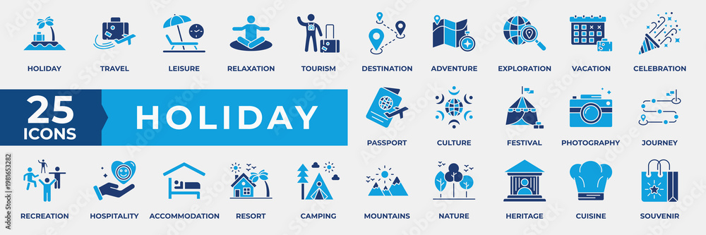 Fototapeta premium Holiday Icon Set. Containing holiday, travel, leisure, relaxation, tourism, destination, adventure, exploration, vacation, celebration, passport and culture. Simple Flat Blue Icon Vector Illustration.