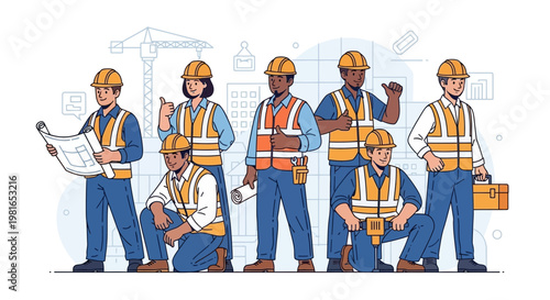 Diverse Construction Team Ready for Work: Blueprint, Tools, Safety Gear, Building Site