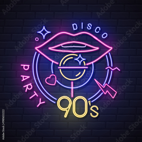 Retro Neon sign  90`s disco party with fluorescent smiling lips, lollipop, record and lightning. Vintage electric signboard. Vector illustration