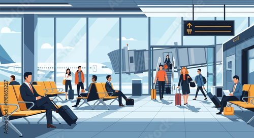 Airport terminal waiting area with passengers, jet bridge, and airplane view