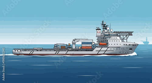 Offshore support vessel sailing on blue ocean, pixel art style
