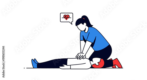 Woman performing CPR on unconscious person, heart rhythm symbol in speech bubble