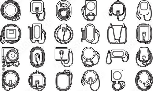Diverse collection of charging stations for electric vehicle, from a bird's eye view, against a minimalist background.