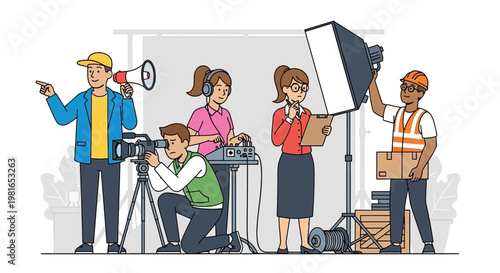 Film Crew Working Together on Movie Set with Camera and Lighting Equipment