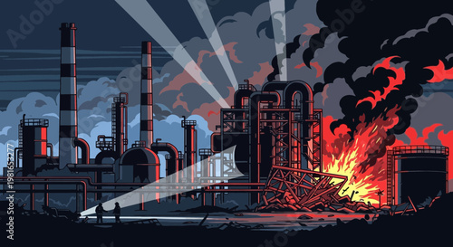Industrial accident: factory explosion, fire, smoke, and pollution at night