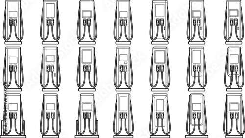 A structured array of gas pumps, captured in precise detail. showcasing the uniformity and availability of fuel stations.