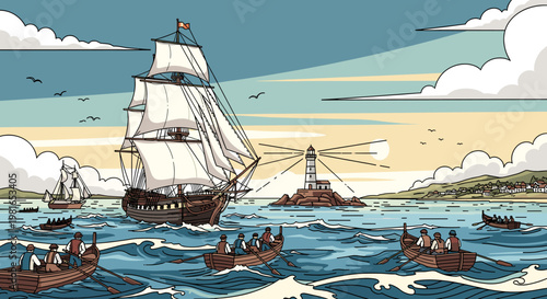 A majestic tall ship sails towards a lighthouse on a sunny day, with several rowboats navigating the choppy sea around it.