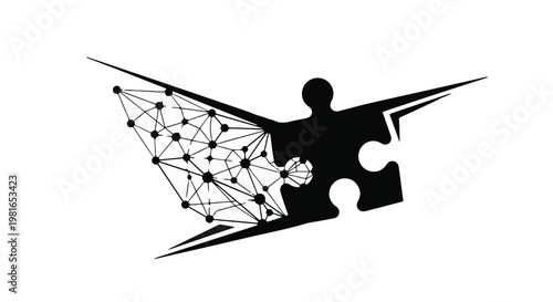Puzzle piece merges with a complex digital network of interconnected nodes to illustrate the technological concept of problem solving, data integration, and the fusion of logic with innovation.