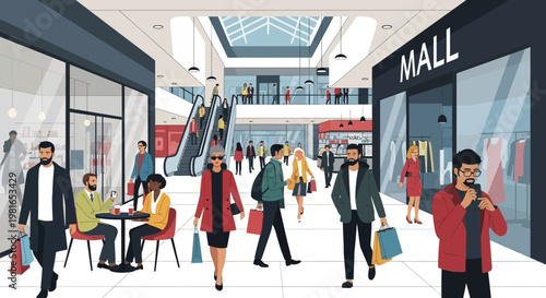 People shopping in a modern, bright indoor mall with escalators and storefronts