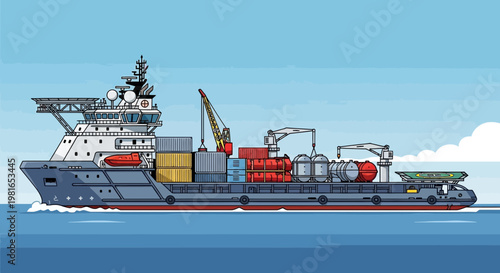 Modern offshore supply vessel with cargo containers and crane sailing on the sea