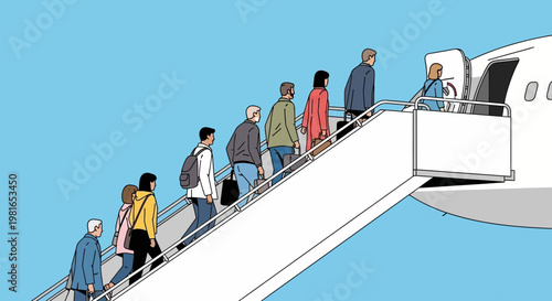 Diverse passengers boarding airplane via mobile stairs, travel concept
