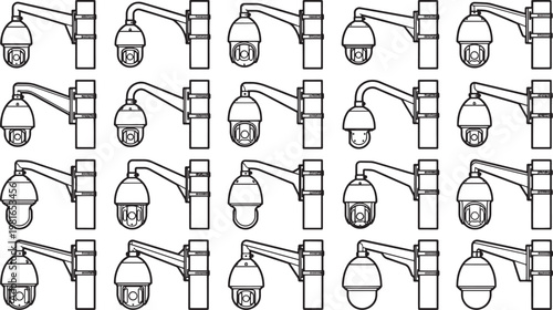Security Surveillance Camera Array: A repetitive pattern of security cameras, representing vigilance and comprehensive monitoring, creating a sense of constant observation and protection.