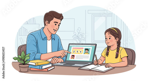 Father teaching daughter online, remote learning, e-learning, education concept