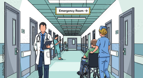 Doctor and nurse assisting patient in hospital corridor, emergency room sign