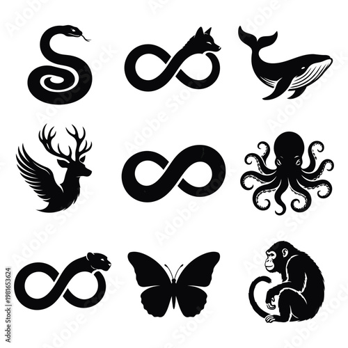 Creative animal silhouette icons set featuring infinity symbols mixed with wildlife like snake, fox, whale, and butterfly.