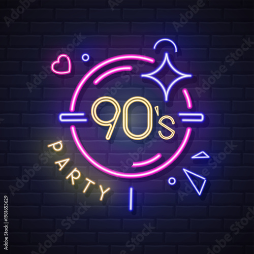 Retro Neon sign 90`s disco party with fluorescent disco ball or lollipop, heart and geometric elements. Vintage electric signboard. Vector illustration
