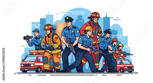 Diverse Emergency Responders Team: Police, Firefighters, Medical Personnel in Cityscape
