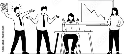 Stressed business team in financial crisis, frustrated office employees facing falling market graph, corporate failure and bankruptcy concept vector