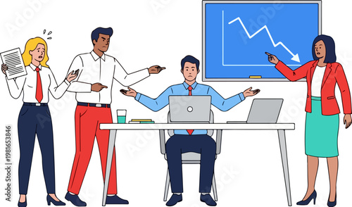 Stressed business team blaming colleague for financial loss, corporate conflict and failure concept, flat vector illustration of office crisis