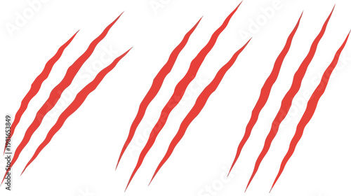 Red claw marks vector illustration, bloody animal scratch traces, sharp monster claw slashes on white background, predator attack graphic elements