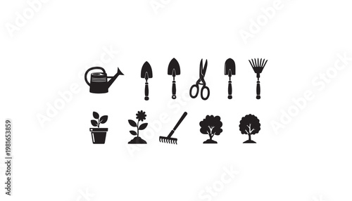 Set of black garden tools icons and symbols: watering can, shovel, rake, scissors, potted plant, flower, and trees, flat design vector illustration