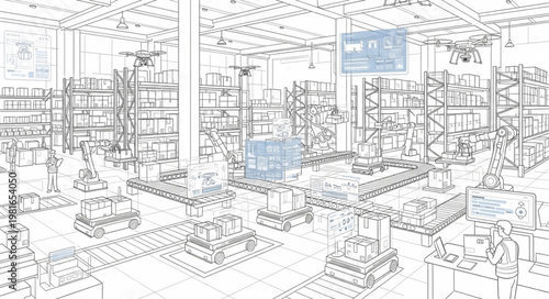 Sketch of a Supermarket Interior with Shelves and Displays.