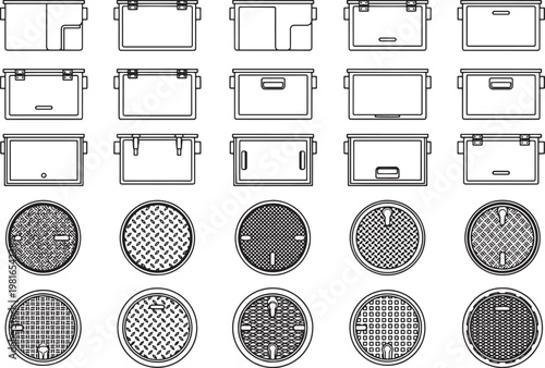 An array of manhole covers and rectangular structures with a detailed line-art aesthetic. Illustrative representation, showcasing different shapes and design.