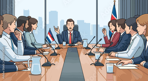 A diverse group of professionals in business attire engage in a formal meeting around a large conference table, with flags and city skyline visible.