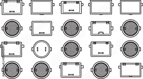collection of various manhole covers, arranged in a grid, offering a glimpse into infrastructure designs and patterns.