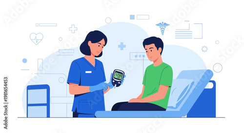 Nurse checking patient's blood sugar level with glucose meter in clinic
