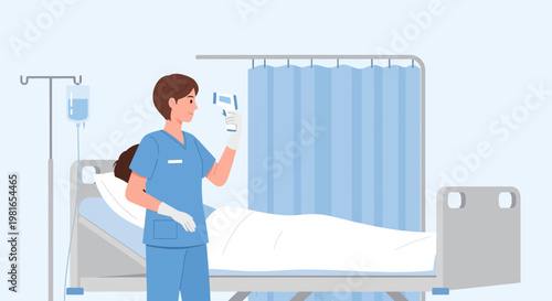 Nurse checking patient's temperature with infrared thermometer in hospital room