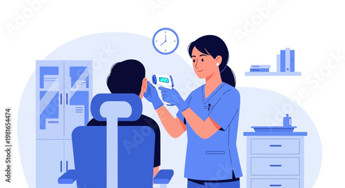 Nurse checking patient's temperature with infrared thermometer in clinic
