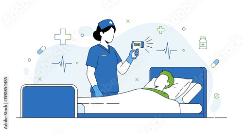Nurse checking patient's temperature with infrared thermometer in hospital bed, healthcare concept