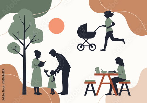 People Lifestyle Silhouettes in Nature: Family Time, Jogging with Stroller, and Working Outdoors Vector Illustration with Abstract Organic Shapes