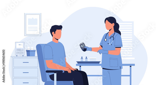 Nurse checks patient's blood sugar level with glucometer in clinic examination room