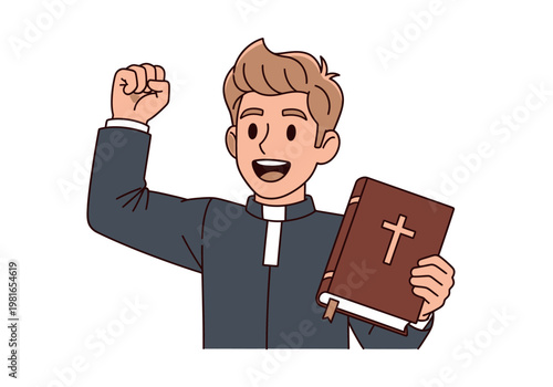 Happy Young Priest Character Holding Holy Bible and Raising Fist, Passionate Christian Preacher Cartoon Illustration Isolated on White