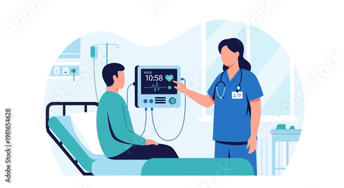 Nurse checks patient's vital signs on monitor in hospital room, healthcare concept