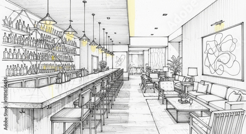 Sketch of a modern bar and lounge interior design.