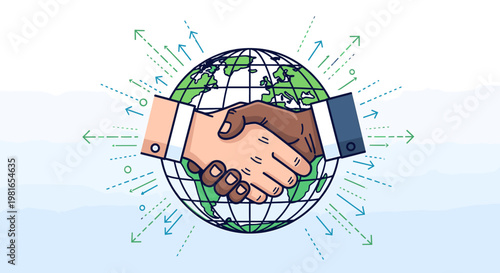 Illustration of two hands, one light-skinned and one dark-skinned, shaking in front of a globe, symbolizing global cooperation and partnership.