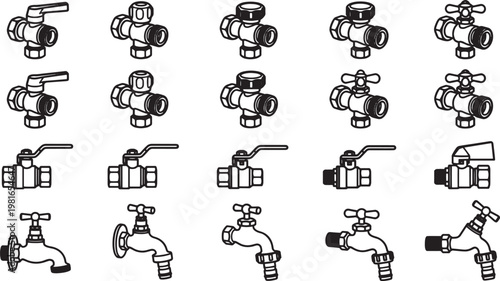 A comprehensive illustration of various tap designs, showcasing the different styles and mechanisms used in plumbing.