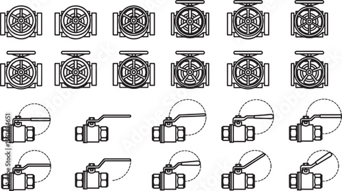 Collection of industrial valves arranged in rows, illustrating diverse types and operational angles. Perfectly suited for engineering schematics. 