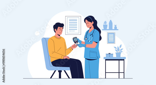 Nurse checks patient's blood sugar level with glucose meter in clinic examination room