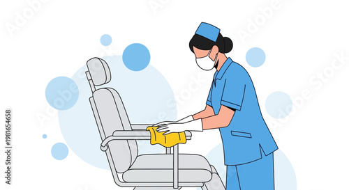Nurse Cleaning Dental Chair with Disinfectant Wipe, Hygiene Concept
