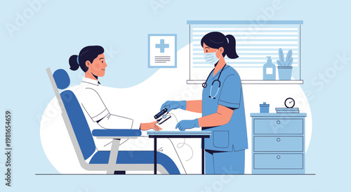 Nurse checks patient's vital signs with pulse oximeter in clinic, medical checkup concept