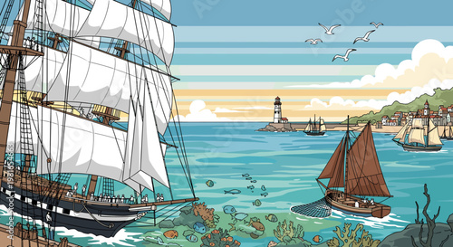 A vibrant cartoon illustration of a bustling harbor with various sailing ships, a lighthouse, and a coastal town under a warm sky.