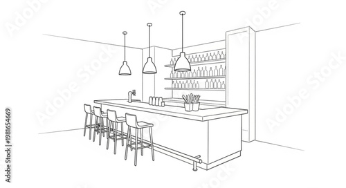 Sketch of a modern bar interior with stools and lighting.