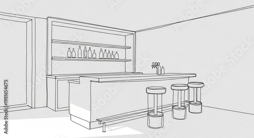 Sketch of a modern bar area with stools and shelving.